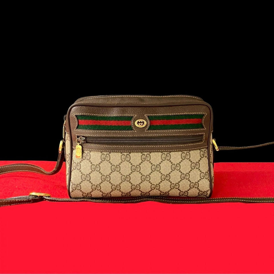 Gucci Shoulder Bag Leather, PVC Brown GG logo Metal Sherry line Women