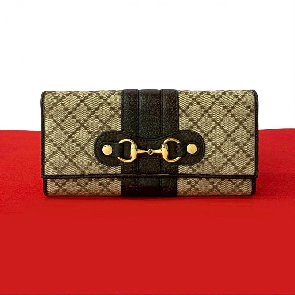 Gucci Long Wallet Purse Leather, Canvas beige Diamante Horsebit Women
