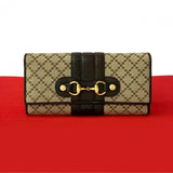 Gucci Long Wallet Purse Leather, Canvas beige Diamante Horsebit Women