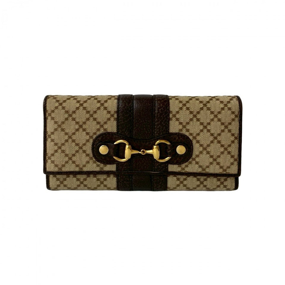 Gucci Long Wallet Purse Leather, Canvas beige Diamante Horsebit Women