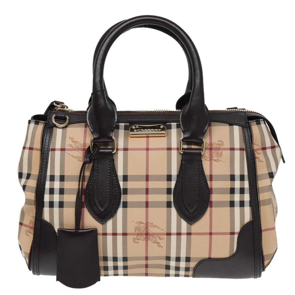 Luxury Burberry Nova Check Hand Bag PVC Leather Beige Auth 83146