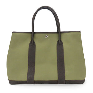 Hermes Tote Bag Canvas, Leather Khaki green Garden party PM unisex(Unisex)
