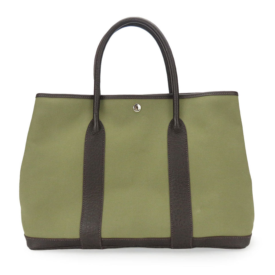 Hermes Tote Bag Canvas, Leather Khaki green Garden party PM unisex(Unisex)