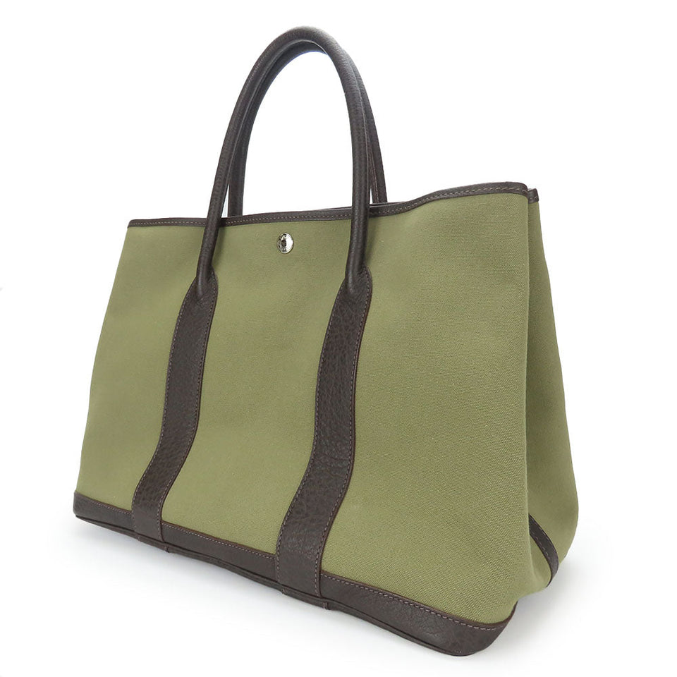Hermes Tote Bag Canvas, Leather Khaki green Garden party PM unisex(Unisex)
