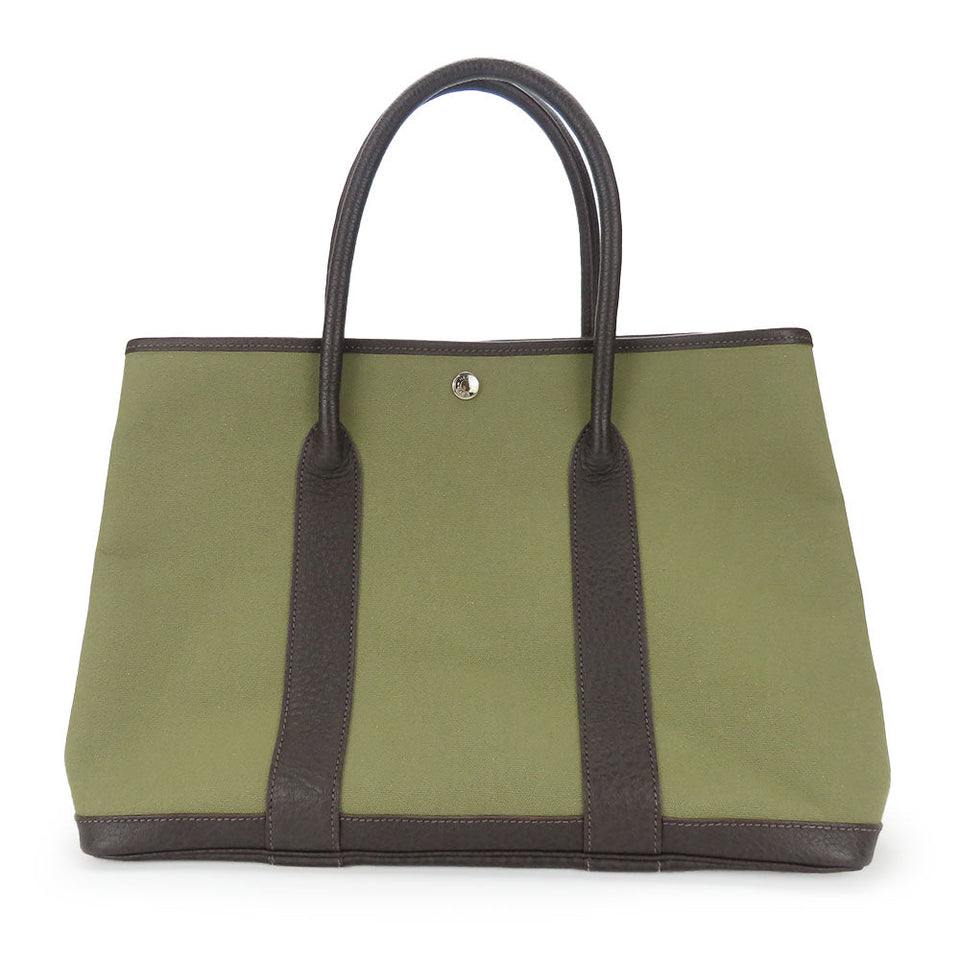 Hermes Tote Bag Canvas, Leather Khaki green Garden party PM unisex(Unisex)
