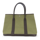 Hermes Tote Bag Canvas, Leather Khaki green Garden party PM unisex(Unisex)