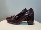 Prada Merlot Kiltie Chain Patent Leather Block-heel Pumps 39