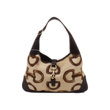 Gucci Jackie Vintage Medium Horsebit Print Cloth and Brown Leather Gold Hardware