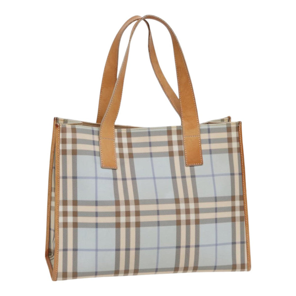 Luxury Burberry Nova Check Tote Bag PVC Leather Light Blue Brown Auth 85709