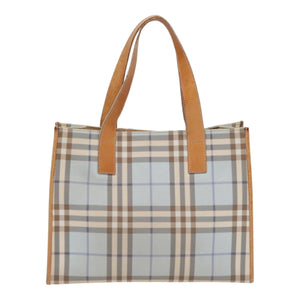 Luxury Burberry Nova Check Tote Bag PVC Leather Light Blue Brown Auth 85709
