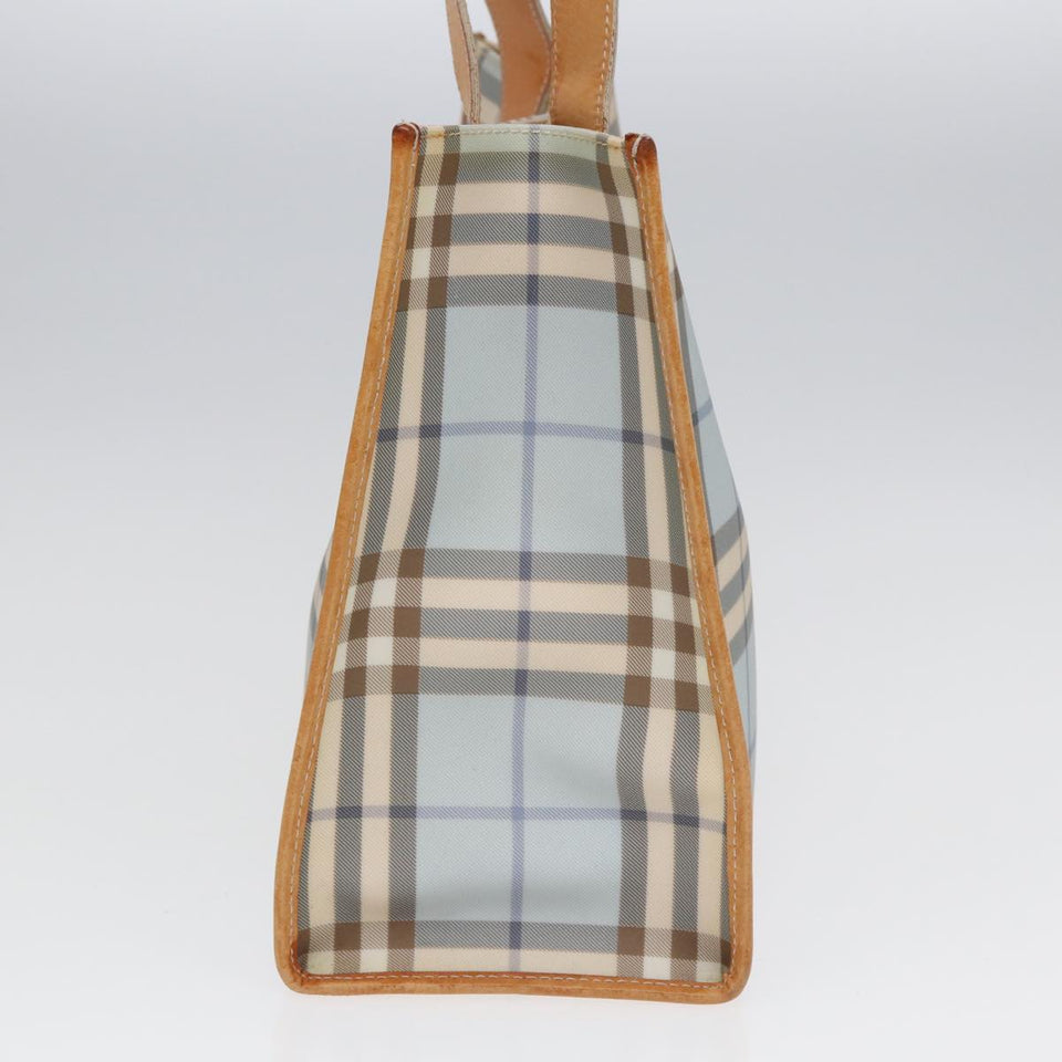 Luxury Burberry Nova Check Tote Bag PVC Leather Light Blue Brown Auth 85709