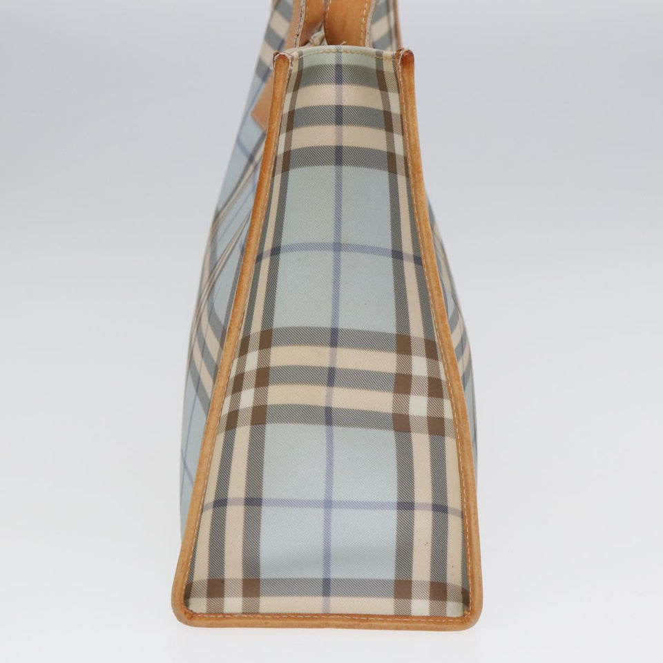 Luxury Burberry Nova Check Tote Bag PVC Leather Light Blue Brown Auth 85709