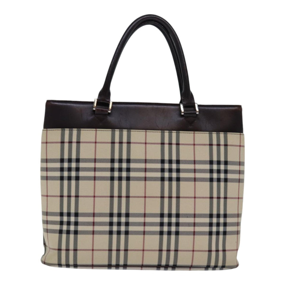 Luxury Burberry Nova Check Hand Bag Nylon Beige Silver Auth 85862