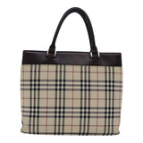 Luxury Burberry Nova Check Hand Bag Nylon Beige Silver Auth 85862