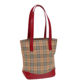 Luxury Burberry Nova Check Tote Bag Canvas Leather Beige Gold Red Auth 86159