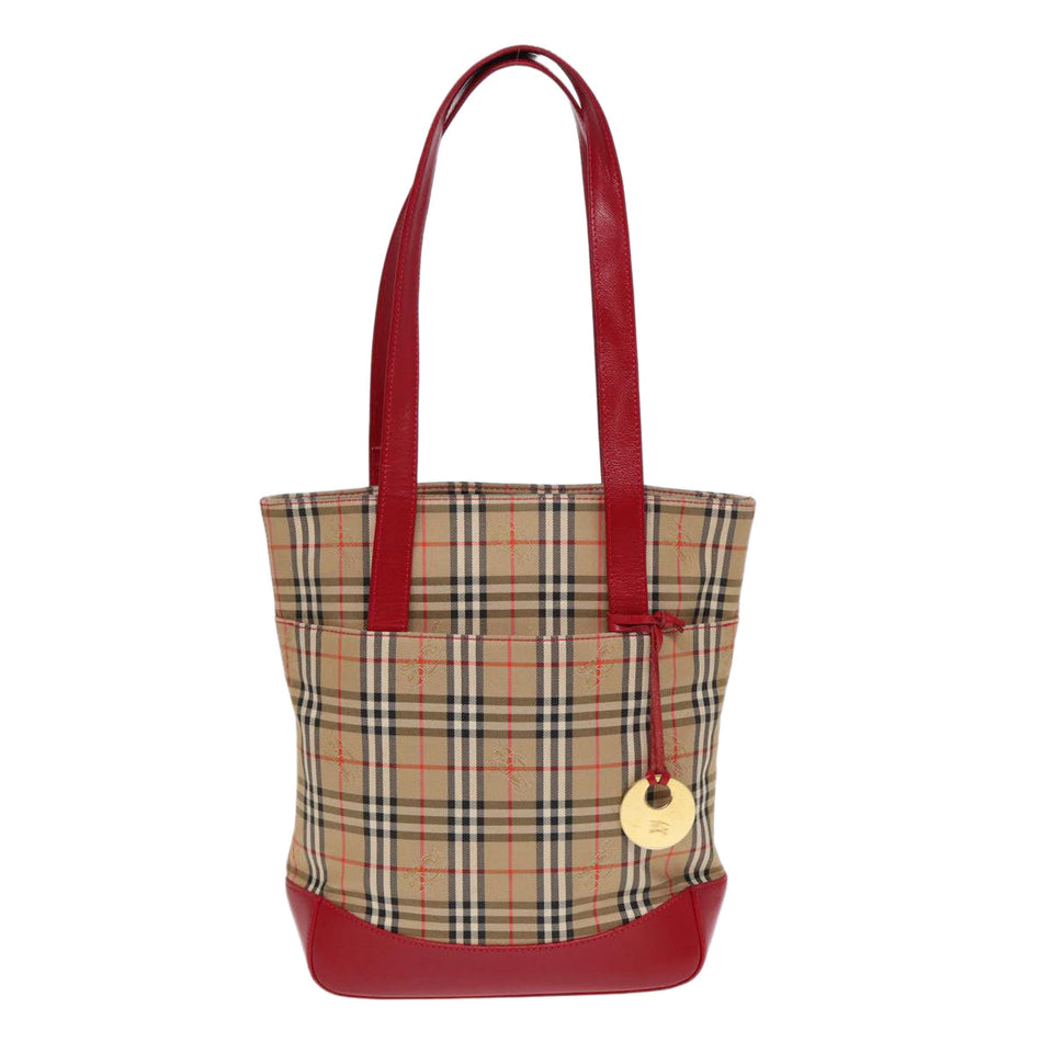 Luxury Burberry Nova Check Tote Bag Canvas Leather Beige Gold Red Auth 86159