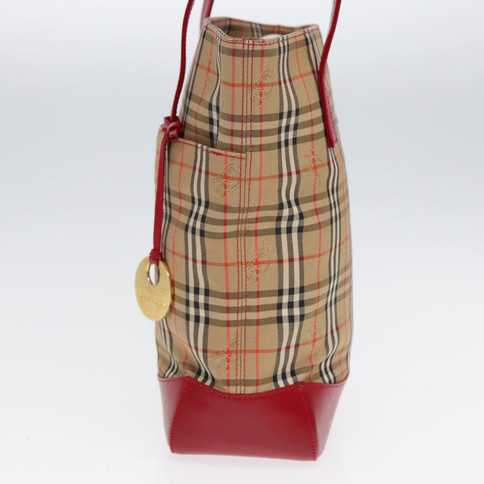 Luxury Burberry Nova Check Tote Bag Canvas Leather Beige Gold Red Auth 86159