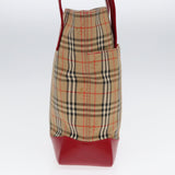 Luxury Burberry Nova Check Tote Bag Canvas Leather Beige Gold Red Auth 86159