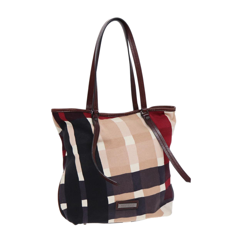 Luxury Burberry Nova Check Tote Bag Canvas Beige Silver Auth 86181