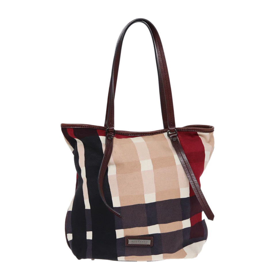 Luxury Burberry Nova Check Tote Bag Canvas Beige Silver Auth 86181