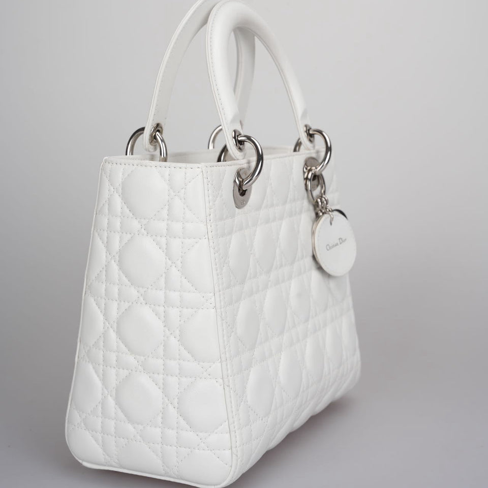 Christian Dior White Medium Lady Dior Bag in Cannage Lambskin Leather with Silver Hardware