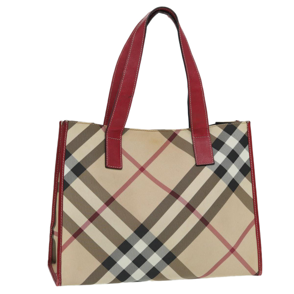 Luxury Burberry Nova Check Tote Bag Beige Red Silver Auth 87022