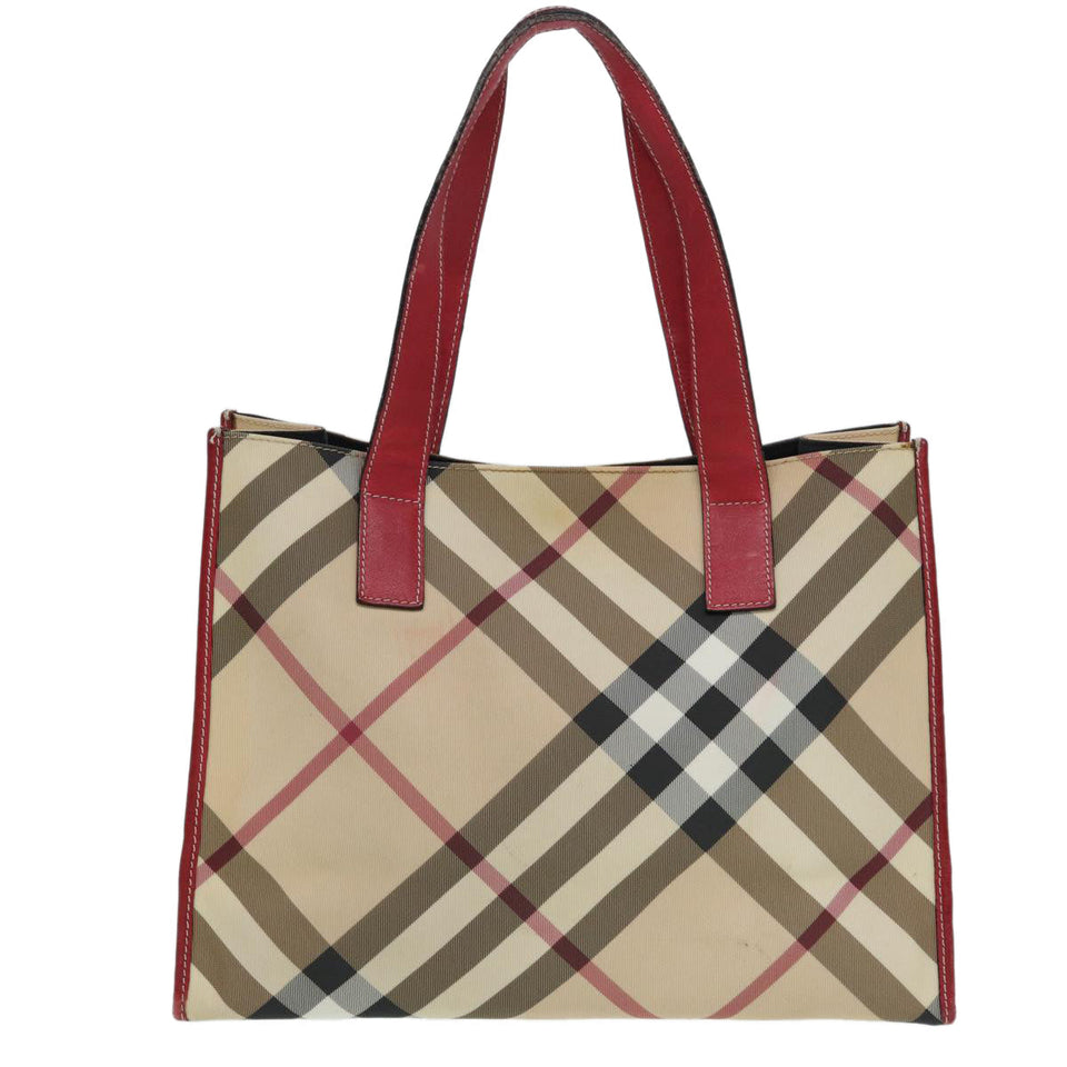 Luxury Burberry Nova Check Tote Bag Beige Red Silver Auth 87022