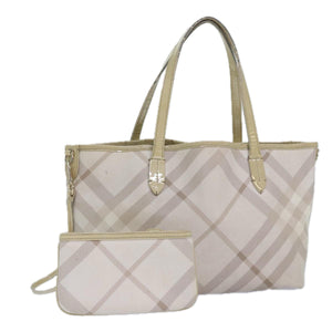 Luxury Burberry Nova Check Tote Bag PVC White Silver Auth 87223