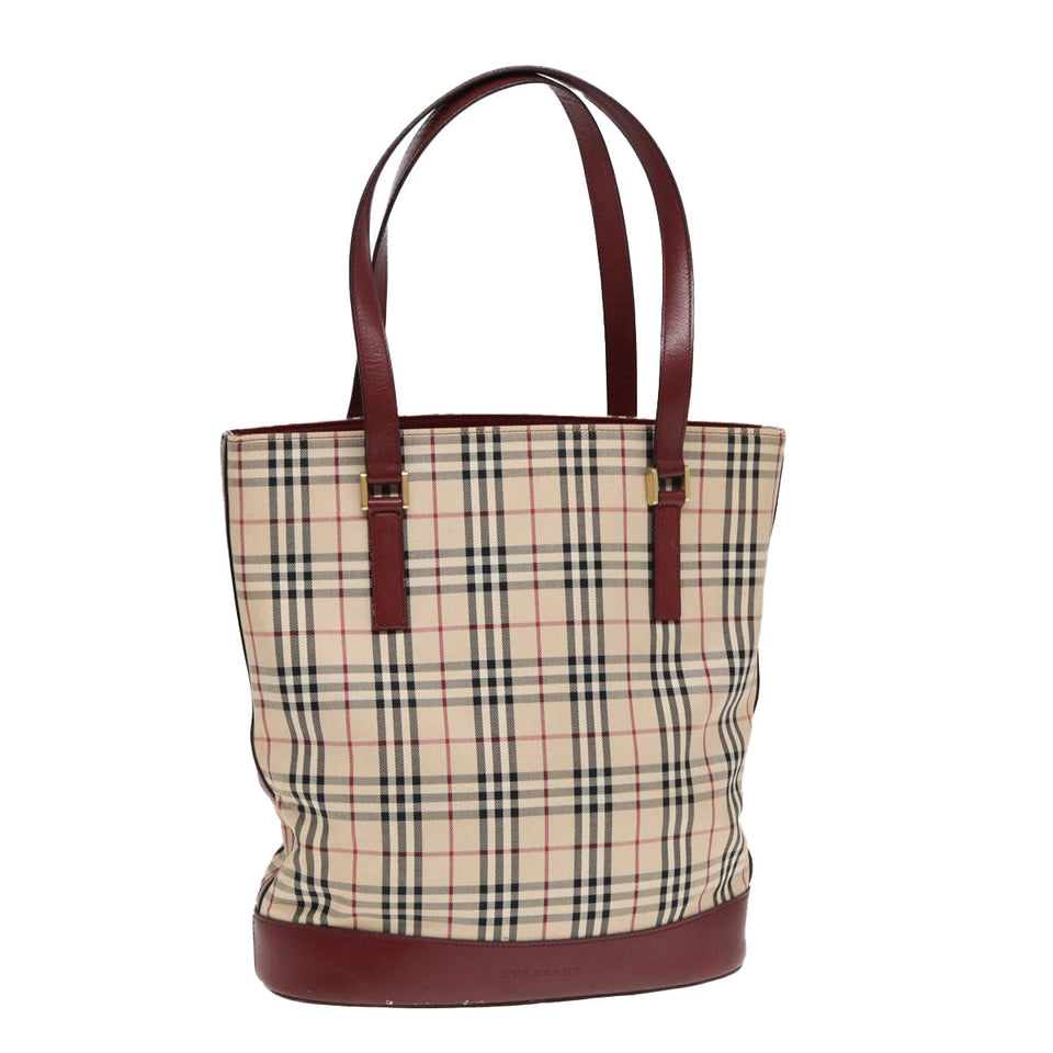 Luxury Burberry Nova Check Tote Bag Canvas Leather Beige Bordeaux Auth 87306