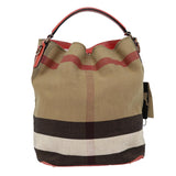 Luxury Burberry Nova Check Shoulder Bag Canvas Beige Red Silver Auth 87631