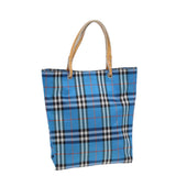 Luxury Burberry Nova Check Tote Bag Nylon Blue Silver Auth 87633