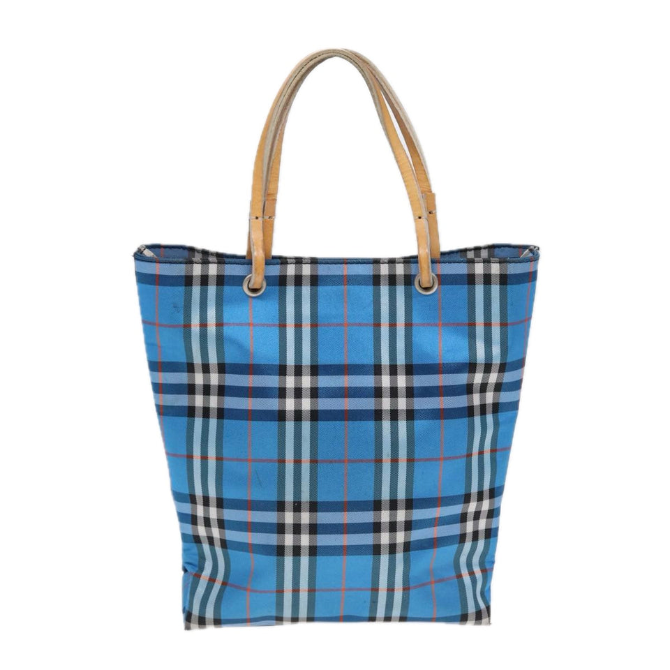 Luxury Burberry Nova Check Tote Bag Nylon Blue Silver Auth 87633