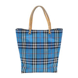 Luxury Burberry Nova Check Tote Bag Nylon Blue Silver Auth 87633