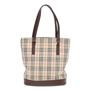 Luxury Burberry Nova Check Tote Bag Canvas Beige Brown Silver Auth 87766