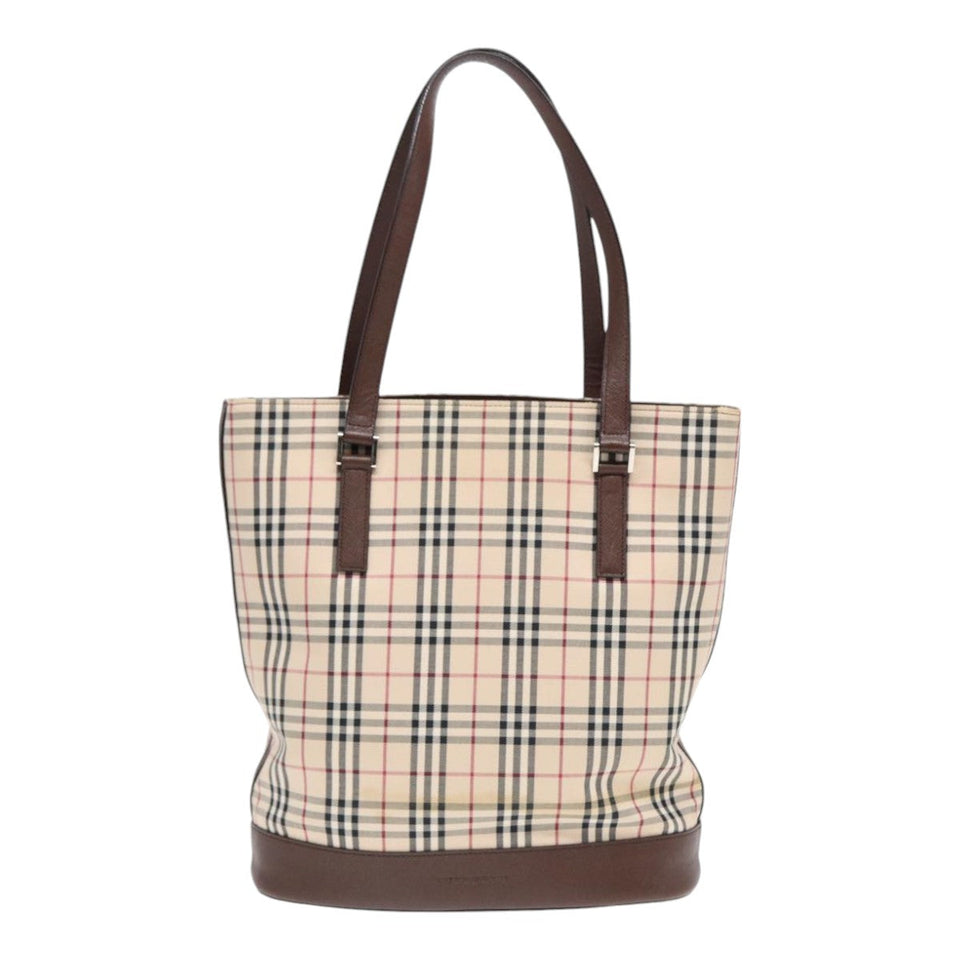 Luxury Burberry Nova Check Tote Bag Canvas Beige Brown Silver Auth 87766