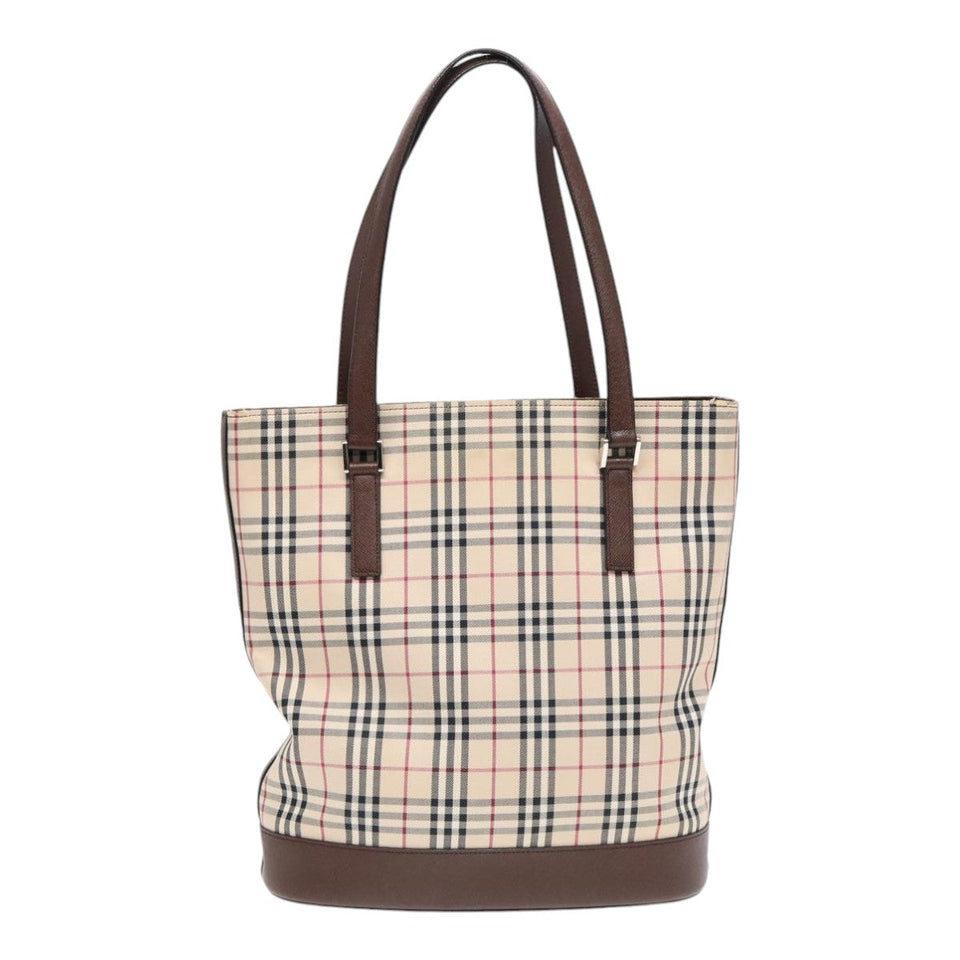 Luxury Burberry Nova Check Tote Bag Canvas Beige Brown Silver Auth 87766
