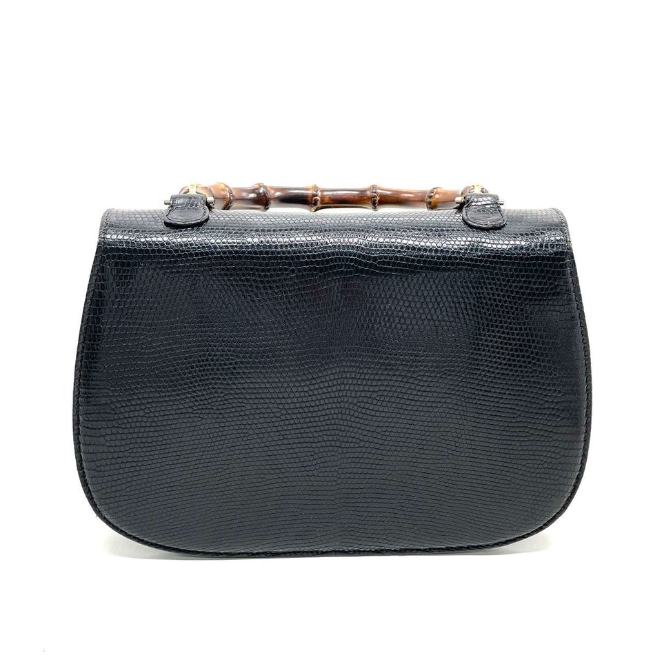Gucci Bamboo 1947 Vintage Rare Lizard-skin Leather Large Black with Strap