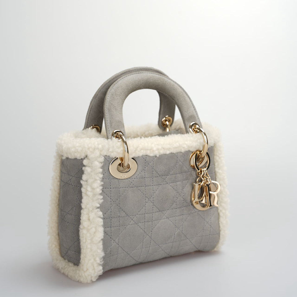 Christian Dior Lady Dior  2020 Mini Suede Shearling Cannage Lady Dior satchel