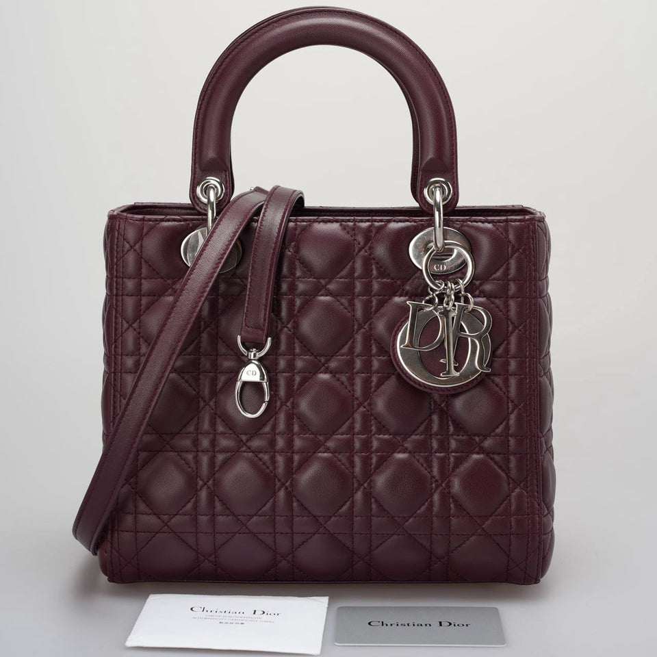 Christian Dior Burgundy Lady Dior Bag in Cannage Lambskin Leather with Silver Hardware Medium LP