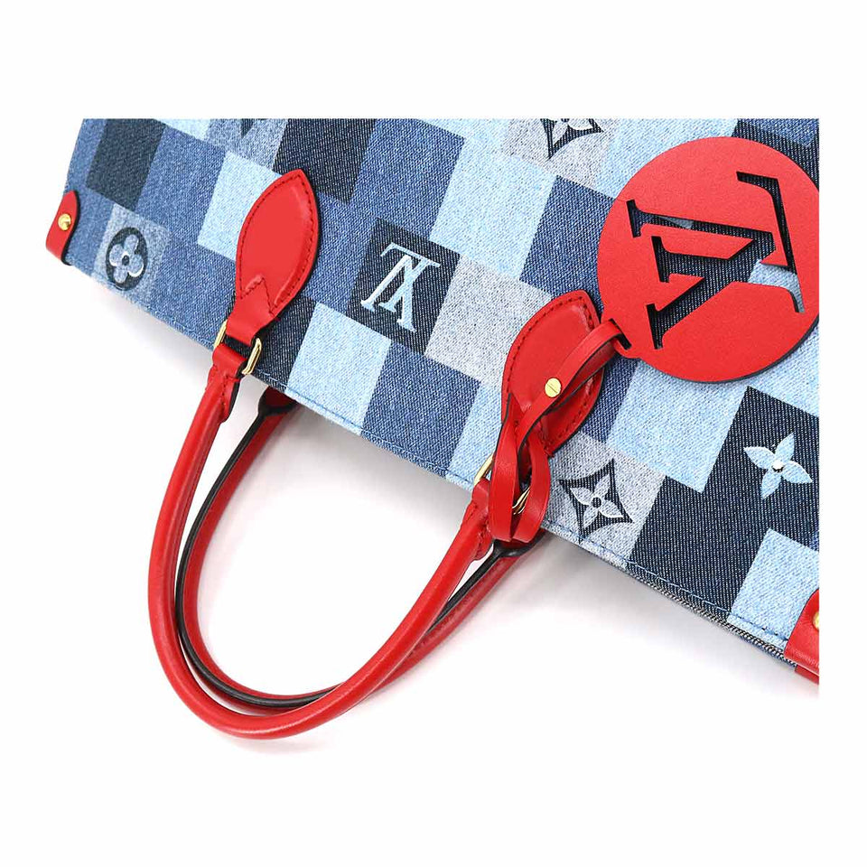 Louis Vuitton Monogram Denim Onthego GM 2way Tote Bag Blue Red