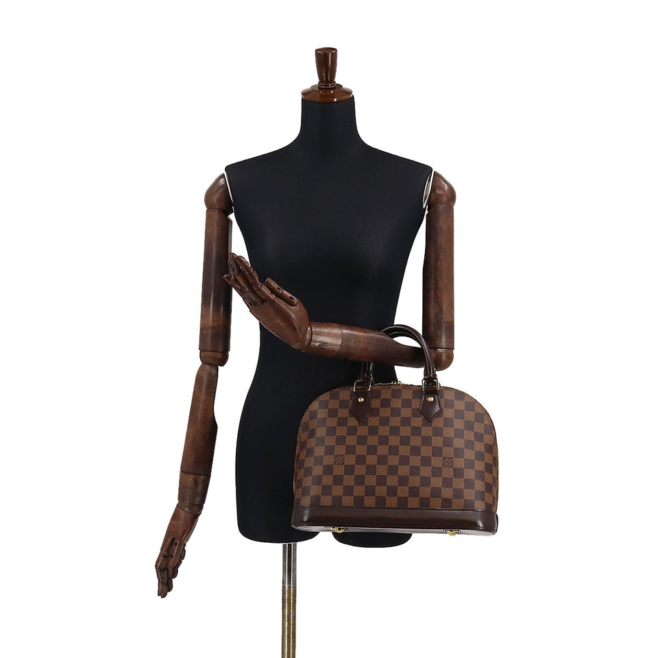 Louis Vuitton Damier Alma PM Handbag Ebene Brown Gold Metal