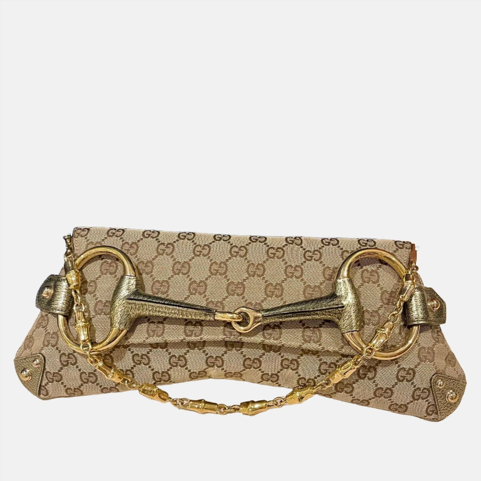 Gucci Horsebit 1955 Large Cloth Beige Monogram Gold Leather Shoulder bag