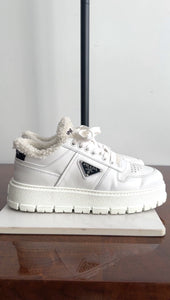 Prada White Leather Shearling Sneakers - 37