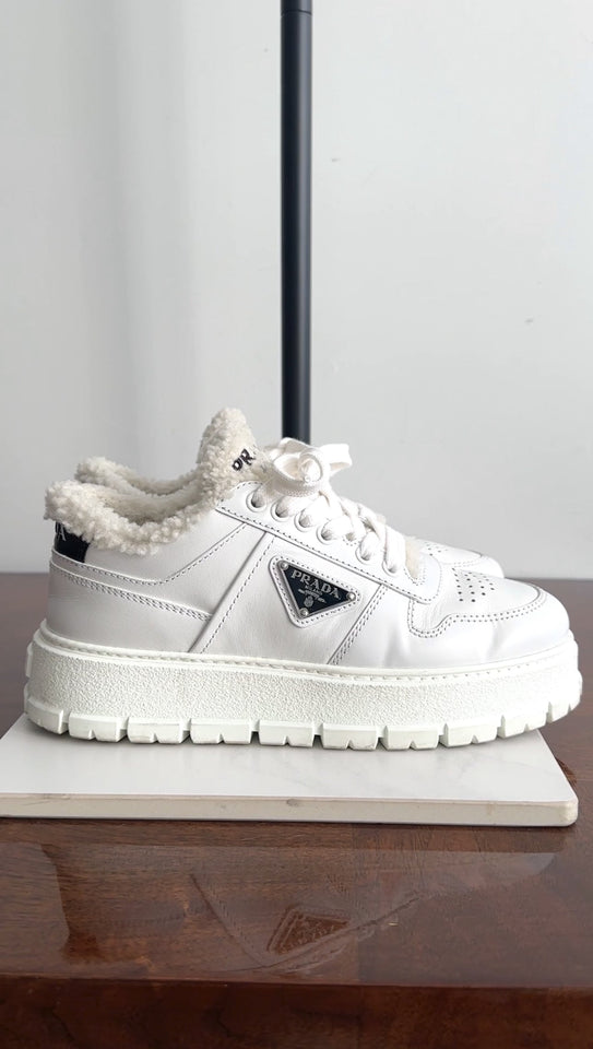 Prada White Leather Shearling Sneakers - 37