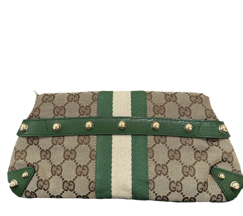 Iconic Gucci Horsebit 1955 Chain Cloth Gucci Monogram Green Leather and Gold Studs