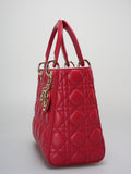 Christian Dior Red Medium Lady Dior Bag in Cannage Lambskin Leather with Gold Hardware