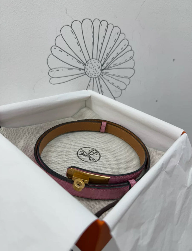 Hermes Kelly Belt Pink Crocodile leather Gold Hardware