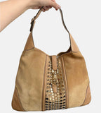 Gucci Jackie Vintage Medium Tan Brown Suede Leather Gold Hardware