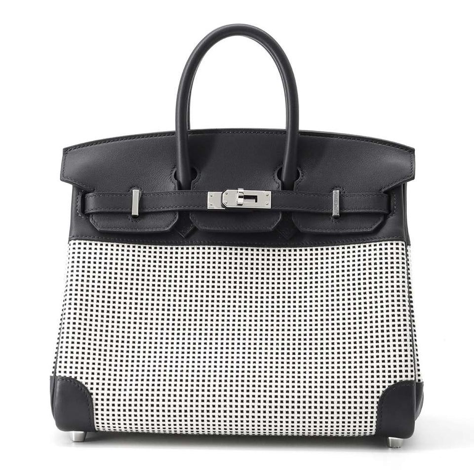 Hermes Birkin Caban/ Black/ White/ Ecru Toile Cadrille Swift Leather Size 25