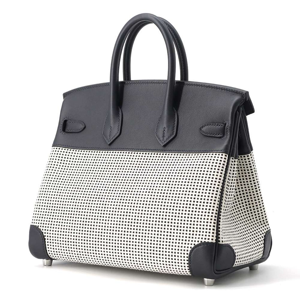Hermes Birkin Caban/ Black/ White/ Ecru Toile Cadrille Swift Leather Size 25